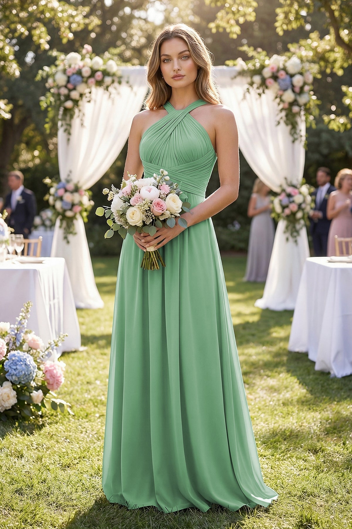 Robe demoiselle d’honneur vert d’eau longue dos nu sans manches plissée - Harana