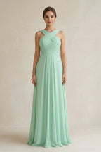 Robe demoiselle d’honneur pale pistachio longue dos nu sans manches plissée - Harana