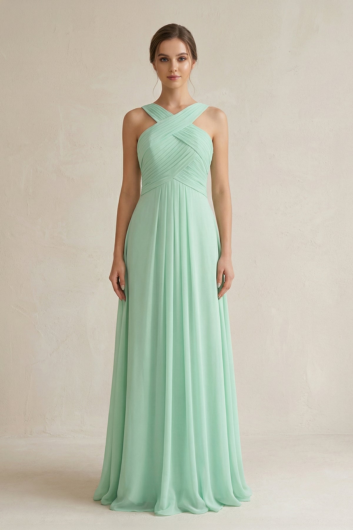 Robe demoiselle d’honneur pale pistachio longue dos nu sans manches plissée - Harana