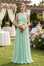 Robe demoiselle d’honneur pale pistachio longue dos nu sans manches plissée - Harana