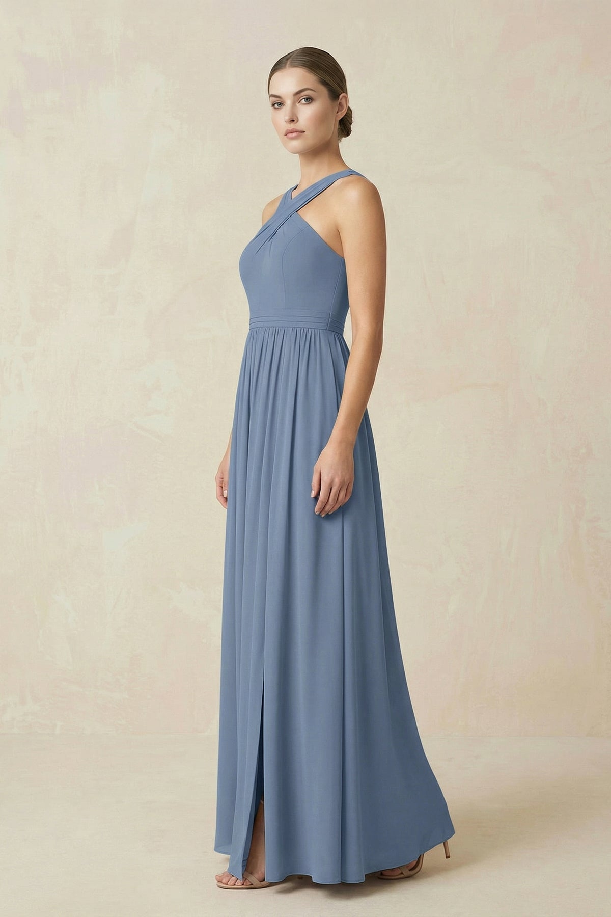 Robe demoiselle d’honneur neptune longue dos nu sans manches avec fente - Harana