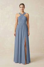 Robe demoiselle d’honneur neptune longue dos nu sans manches avec fente - Harana