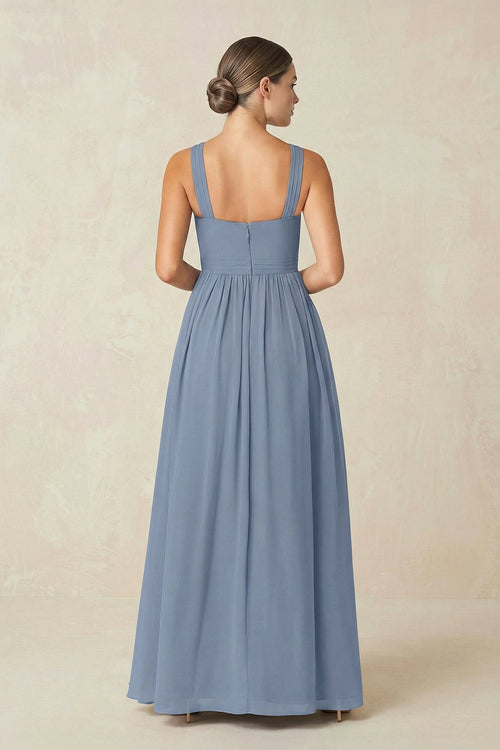 Robe de demoiselle d’honneur bleu neptune longue en mousseline coupe trapèze à col licou avec fente - Harana