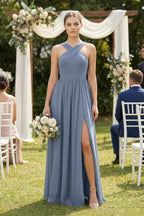 Robe demoiselle d’honneur neptune longue dos nu sans manches avec fente - Harana