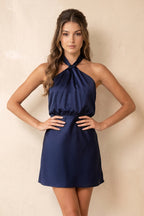 Robe bleu marine foncé courte coupe fourreau à col licou effet drapé - Harana
