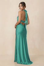 Robe demoiselle d’honneur vert d’eau longue dos nu sans manches avec fente - Harana