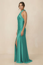 Robe demoiselle d’honneur vert d’eau longue dos nu sans manches avec fente - Harana