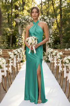 Robe demoiselle d’honneur vert d’eau longue dos nu sans manches avec fente - Harana