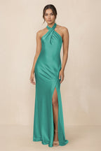 Robe demoiselle d’honneur vert d’eau longue dos nu sans manches avec fente - Harana