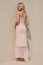 Robe longue rose poudré à volants - Harana