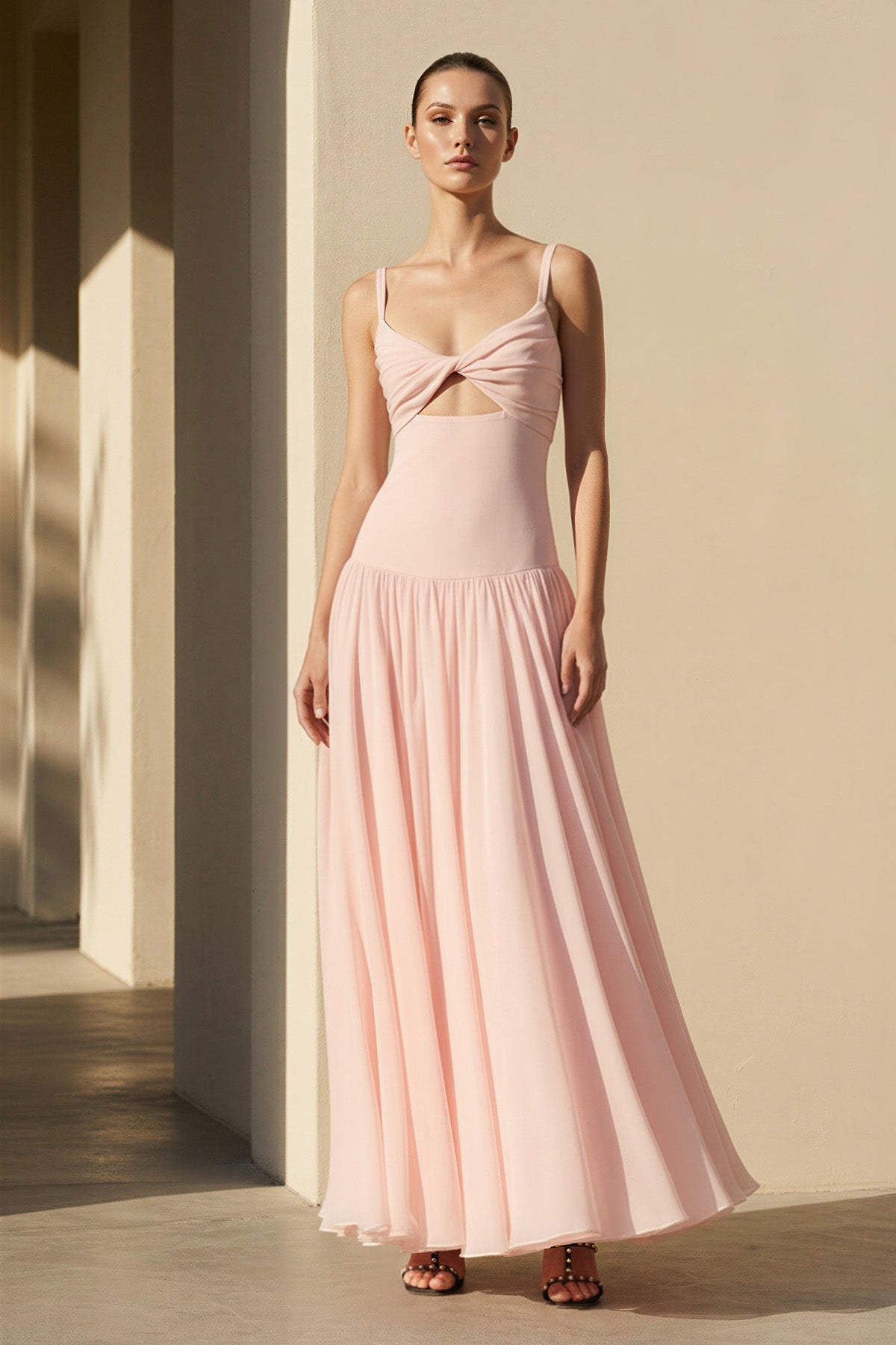 Robe longue rose poudré à fines bretelles - Harana