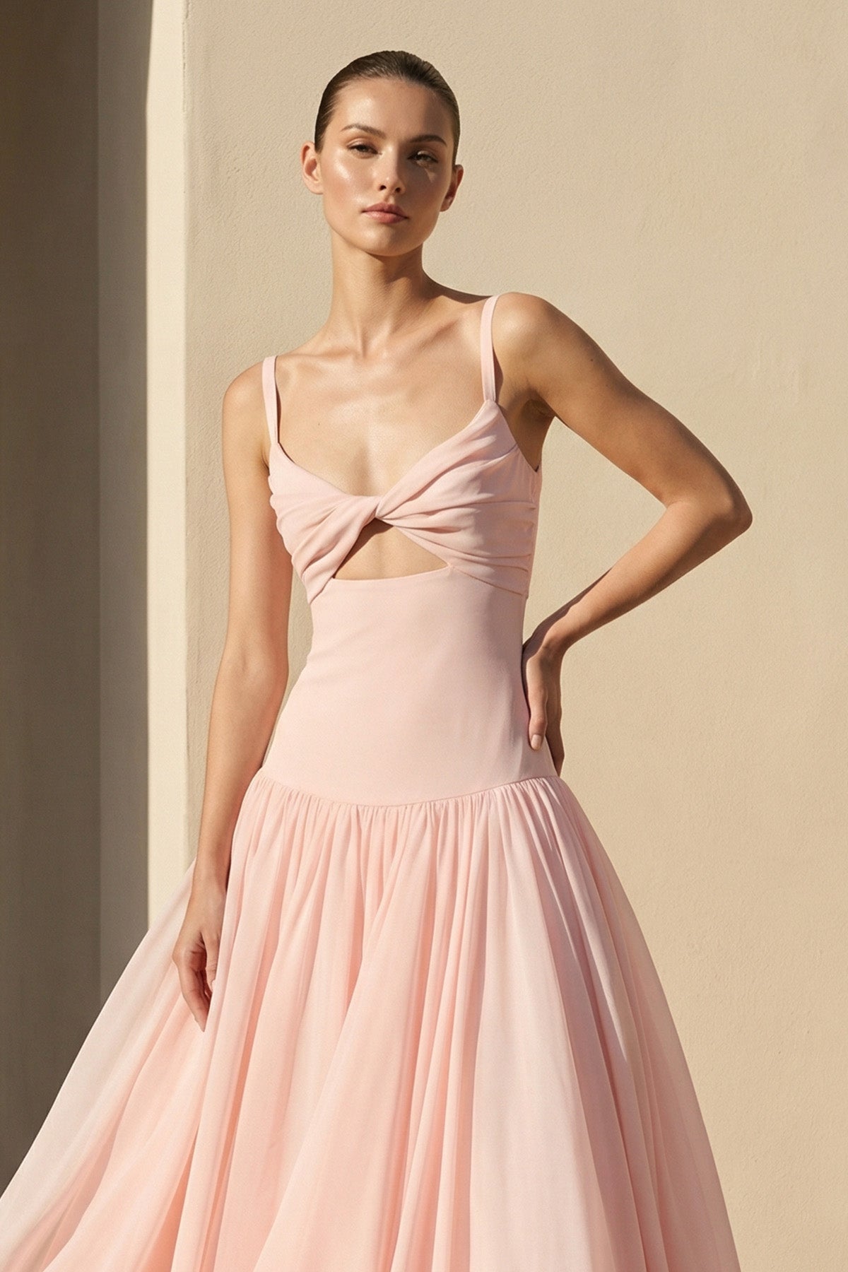 Robe longue rose poudré à fines bretelles - Harana