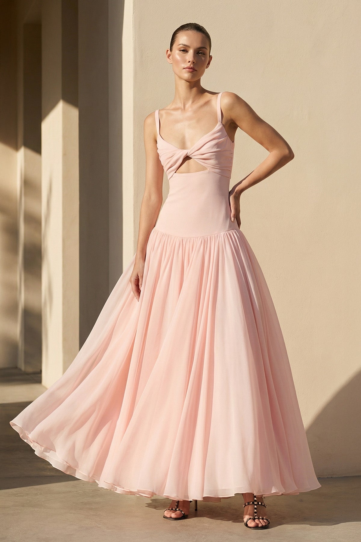 Robe longue rose poudré à fines bretelles - Harana