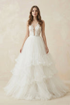 Robe de mariée blanche trapèze en tulle à col V sans manches - Harana