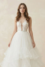 Robe de mariée blanche trapèze en tulle à col V sans manches - Harana