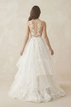 Robe de mariée blanche trapèze en tulle à col V sans manches - Harana