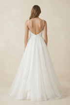 Robe de mariée blanche trapèze en mousseline à col V sans manches - Harana