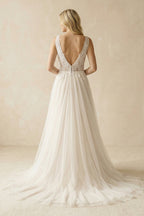 Robe de mariée ivoire trapèze en tulle à col V sans manches - Harana