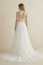 Robe de mariée blanche trapèze en satin à col V manches longues - Harana
