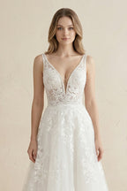 Robe de mariée blanche trapèze en satin à col V manches longues - Harana