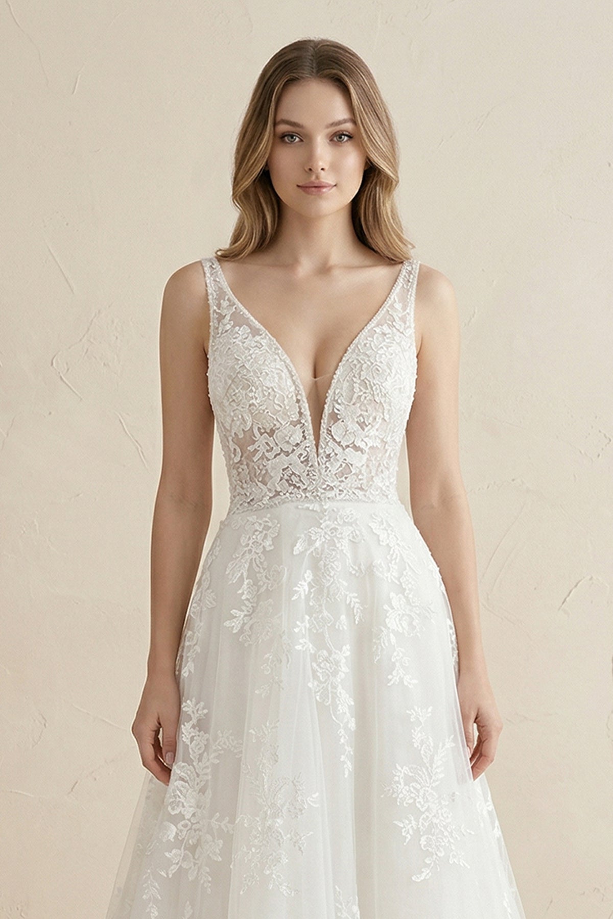 Robe de mariée blanche trapèze en satin à col V manches longues - Harana