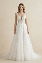 Robe de mariée blanche trapèze en satin à col V manches longues - Harana