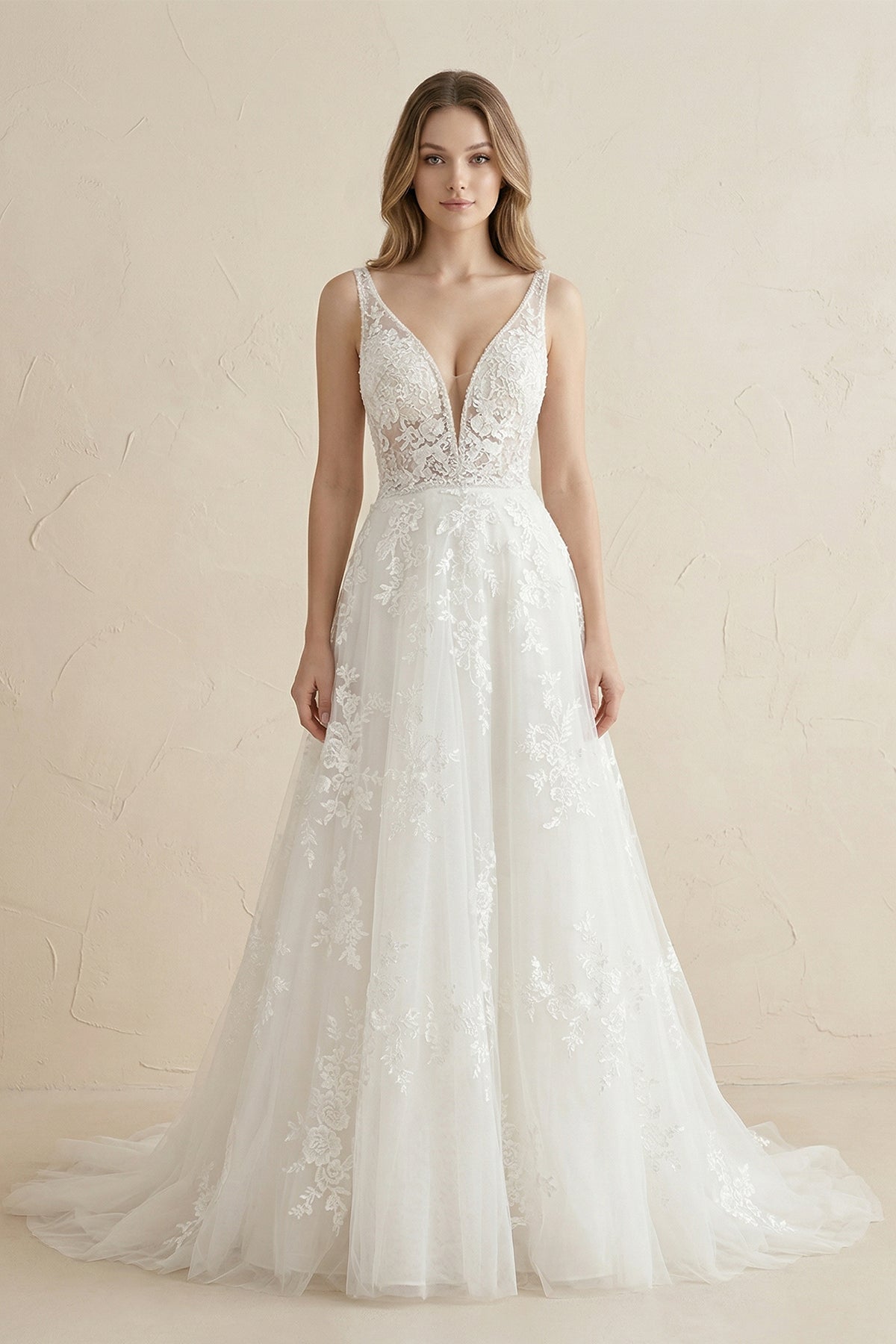 Robe de mariée blanche trapèze en satin à col V manches longues - Harana