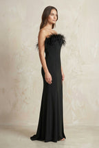 Robe longue noir satinée bustier avec fente - Harana