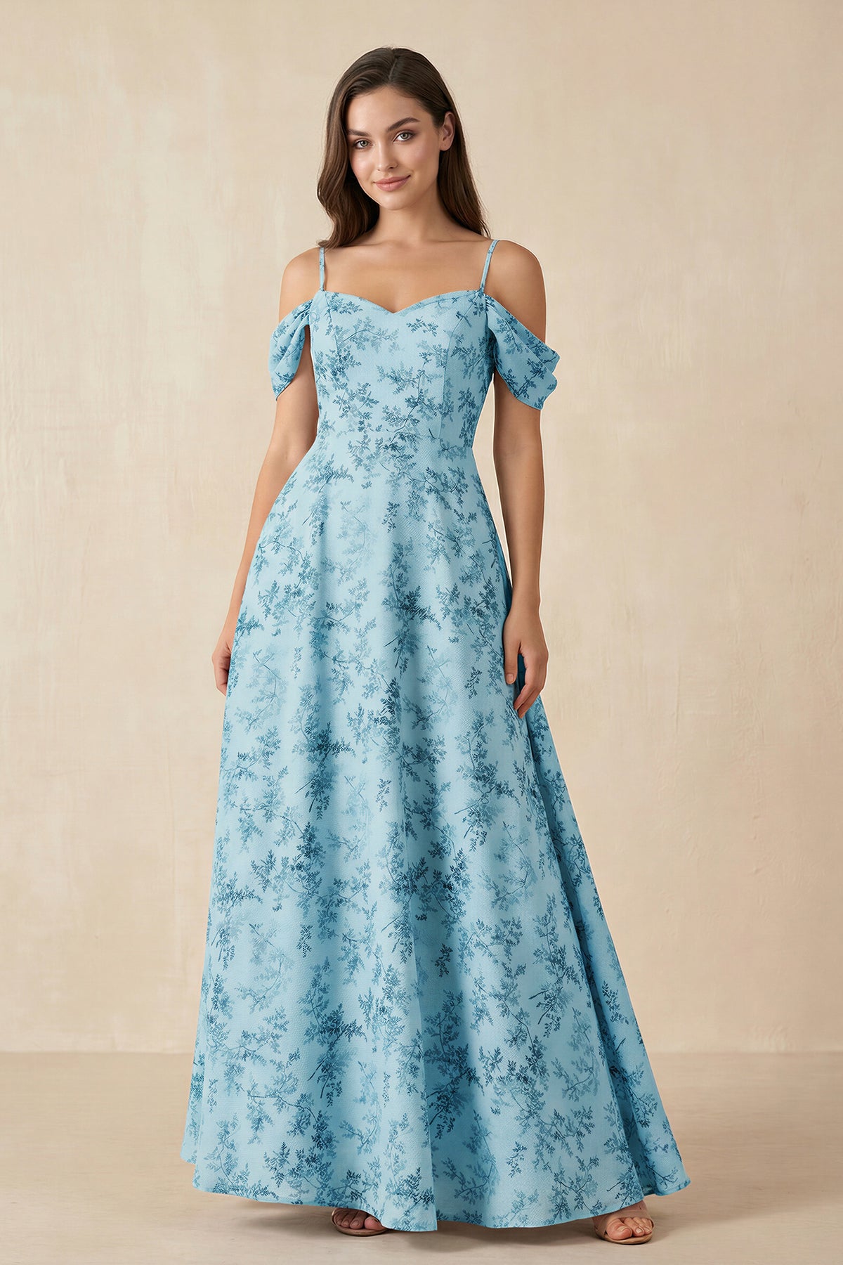 Robe demoiselle d’honneur adriatic blue longue à épaules dénudées manches courtes en mousseline - Harana