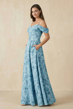 Robe demoiselle d’honneur adriatic blue longue à épaules dénudées manches courtes en mousseline - Harana