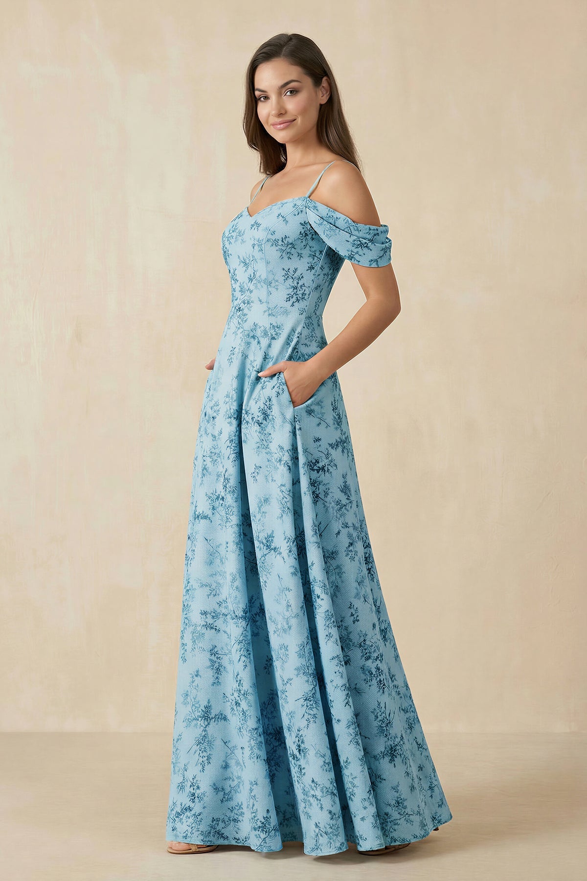 Robe demoiselle d’honneur adriatic blue longue à épaules dénudées manches courtes en mousseline - Harana