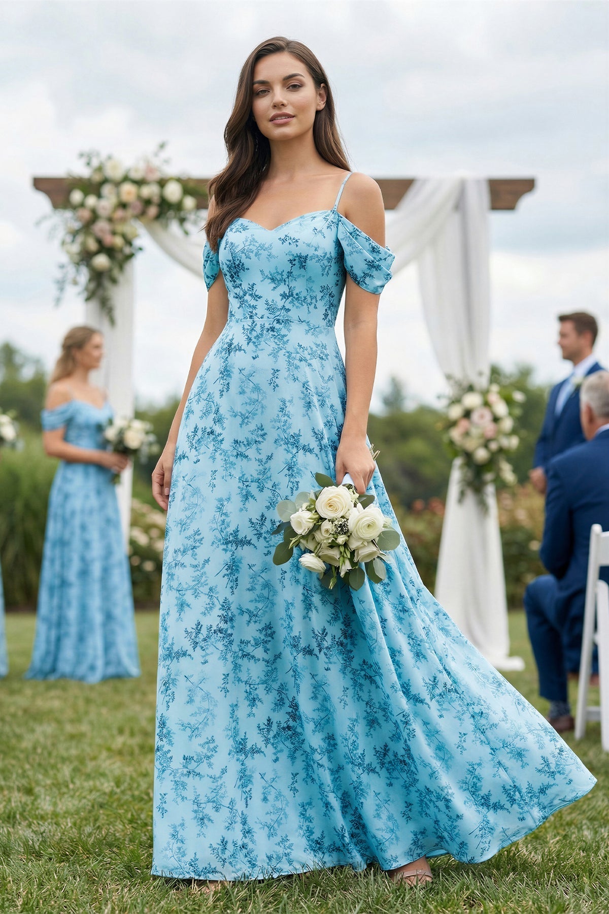 Robe demoiselle d’honneur adriatic blue longue à épaules dénudées manches courtes en mousseline - Harana