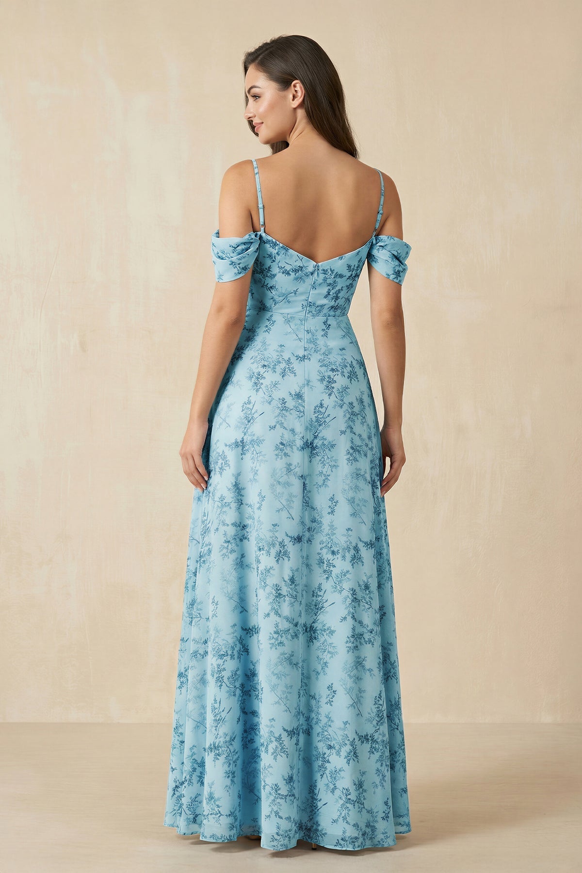 Robe demoiselle d’honneur adriatic blue longue à épaules dénudées manches courtes en mousseline - Harana