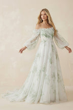 Robe de mariée blanche trapèze en organza à épaules dénudées manches longues - Harana