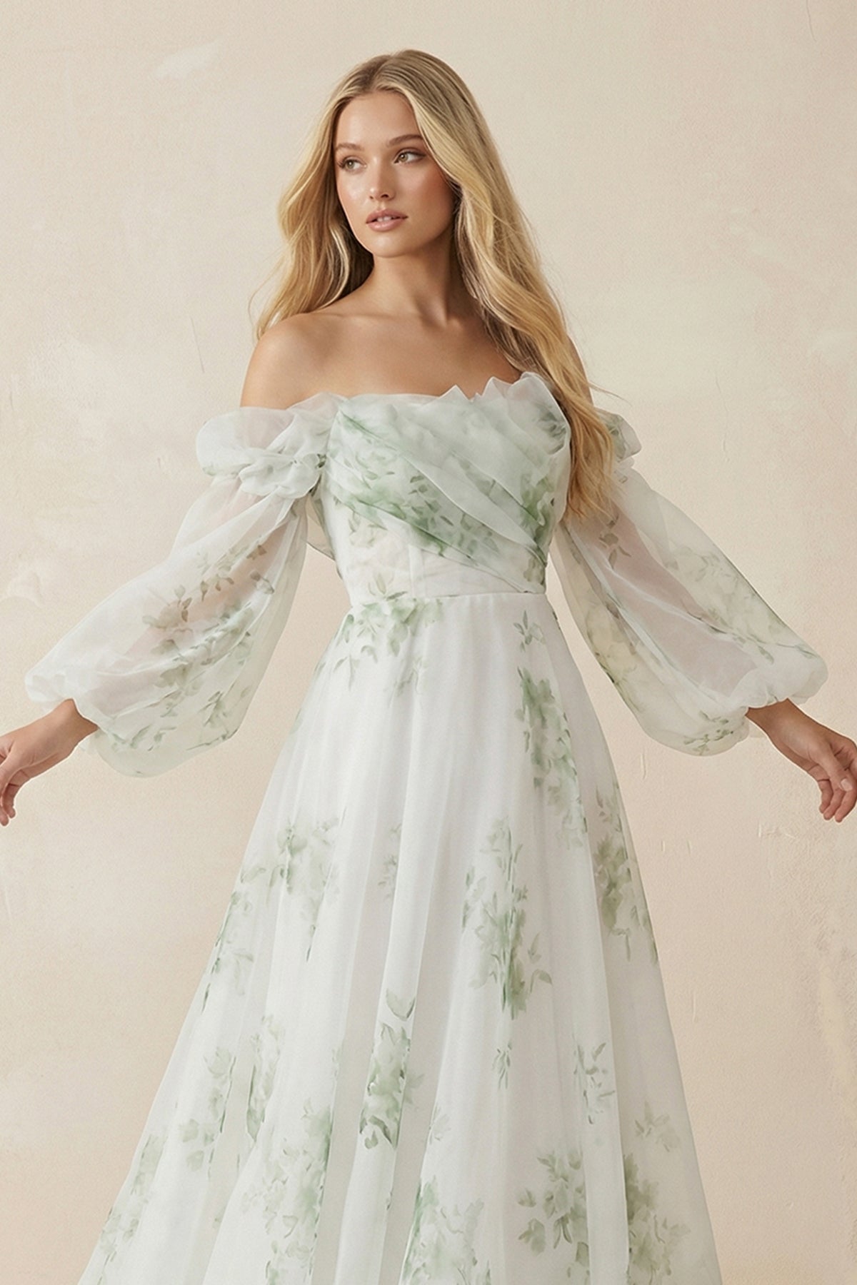 Robe de mariée blanche trapèze en organza à épaules dénudées manches longues - Harana