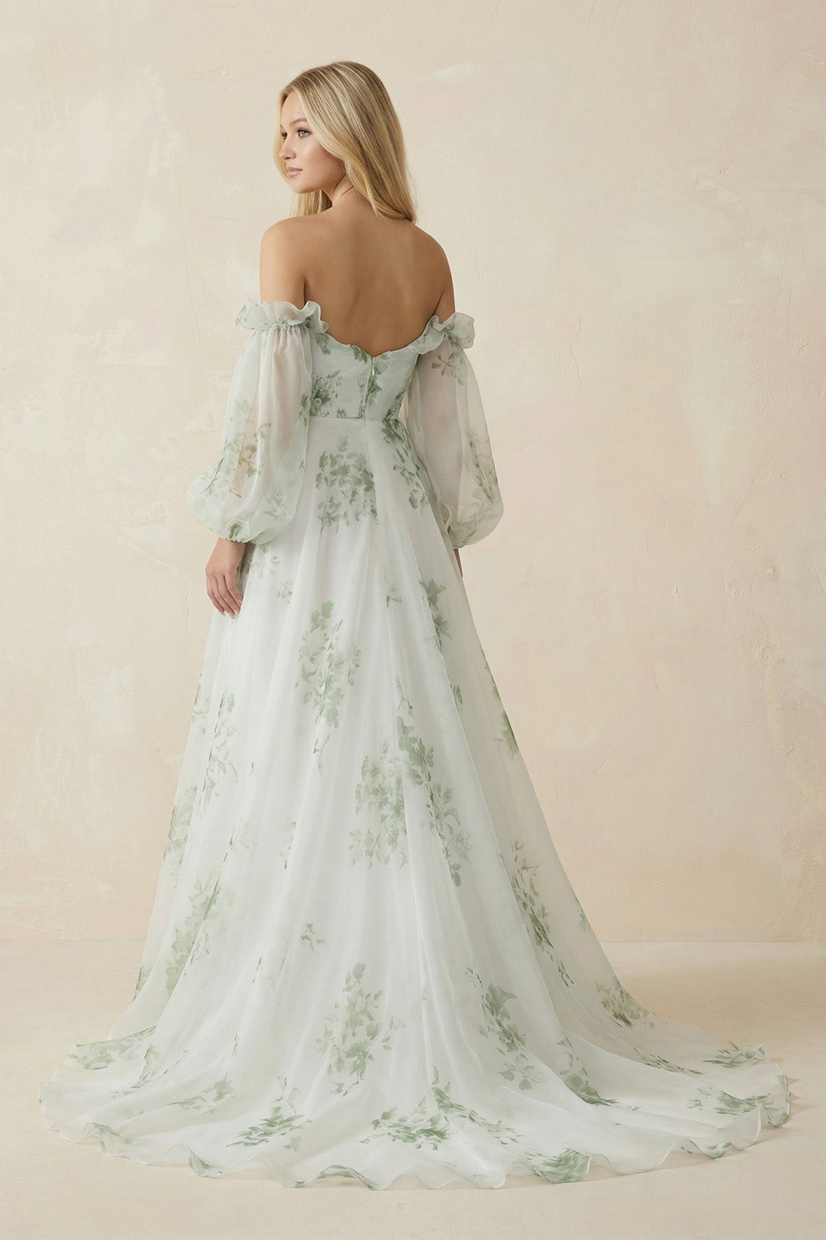 Robe de mariée blanche trapèze en organza à épaules dénudées manches longues - Harana