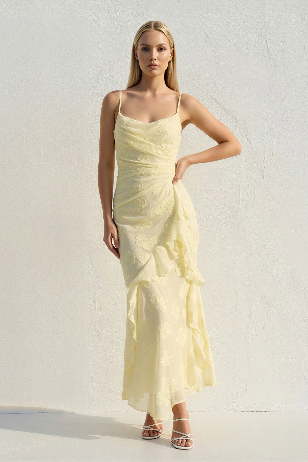 Robe midi jaune à volants - Harana