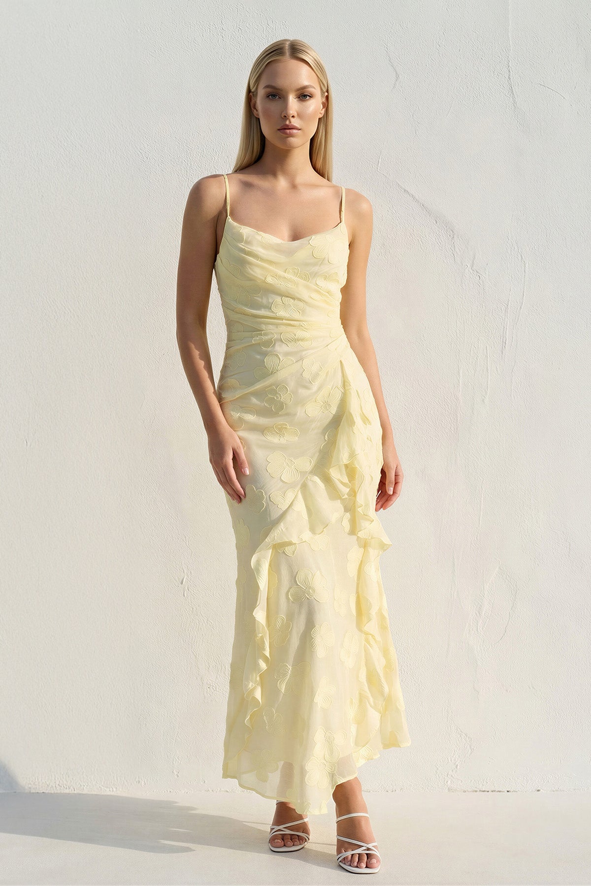 Robe midi jaune à volants - Harana