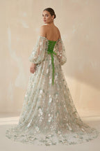 Robe de mariée vert sauge longue à épaules dénudées à dentelle en tulle - Harana