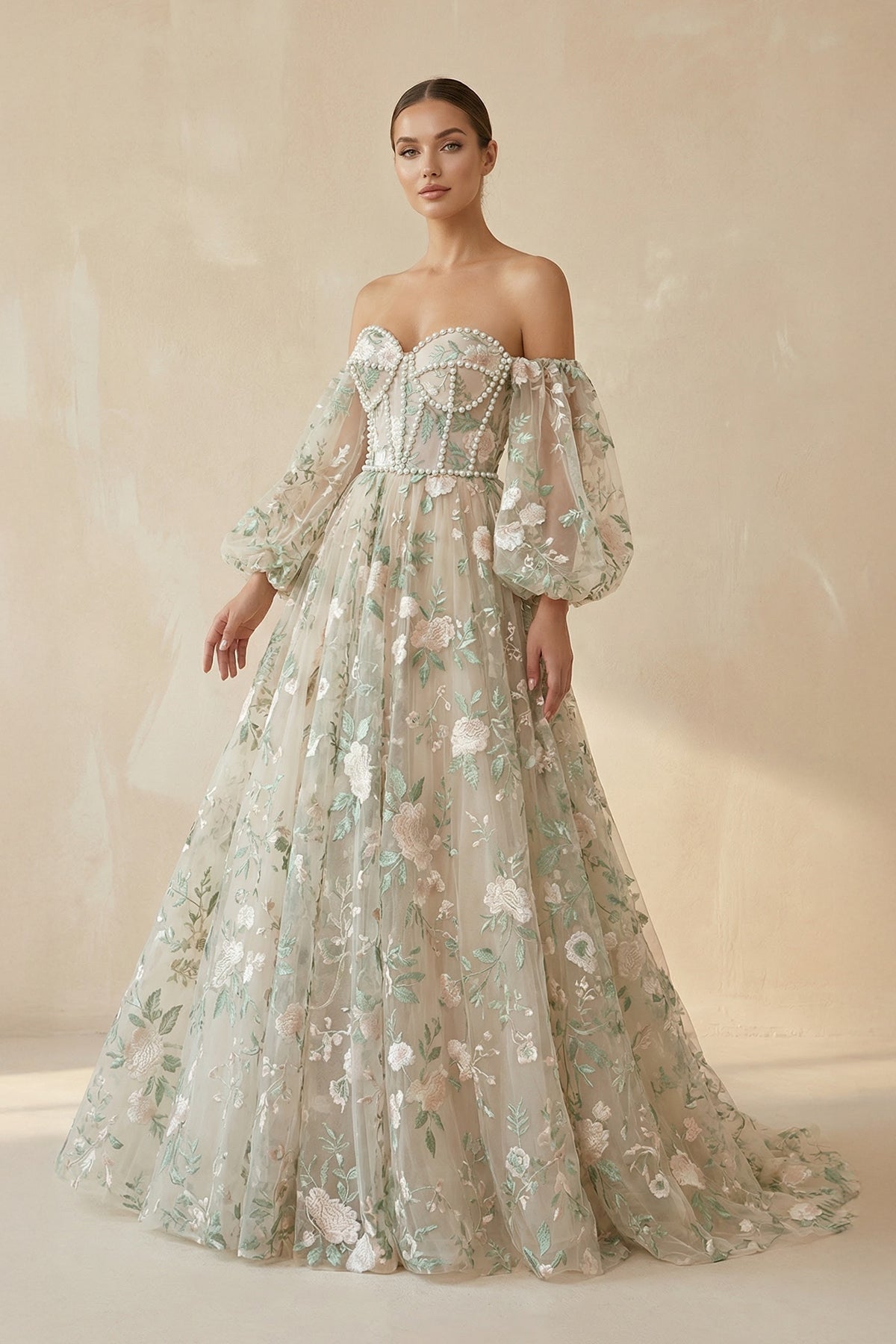 Robe de mariée vert sauge longue à épaules dénudées à dentelle en tulle - Harana