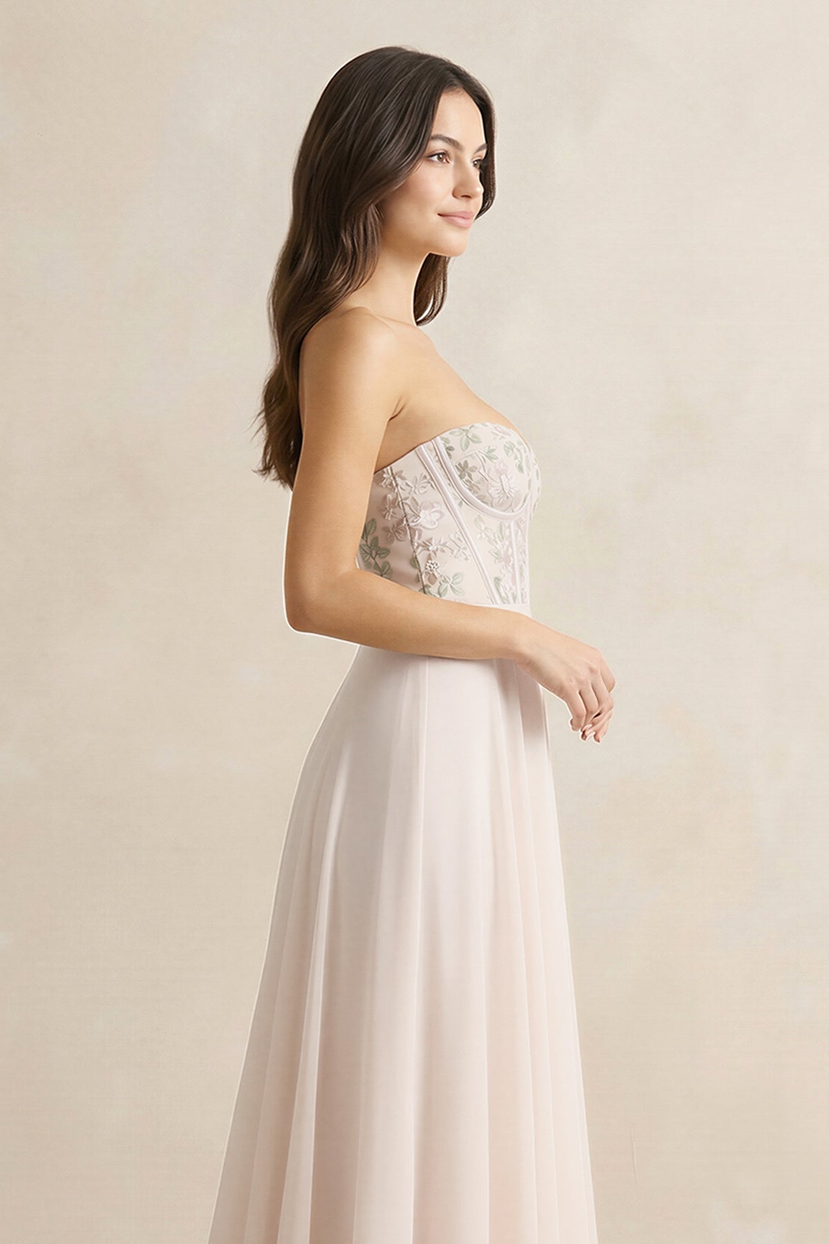 Robe demoiselle d’honneur pale blush longue sans manches à corset en mousseline - Harana