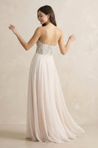 Robe demoiselle d’honneur pale blush longue sans manches à corset en mousseline - Harana