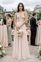 Robe demoiselle d’honneur pale blush longue sans manches à corset en mousseline - Harana
