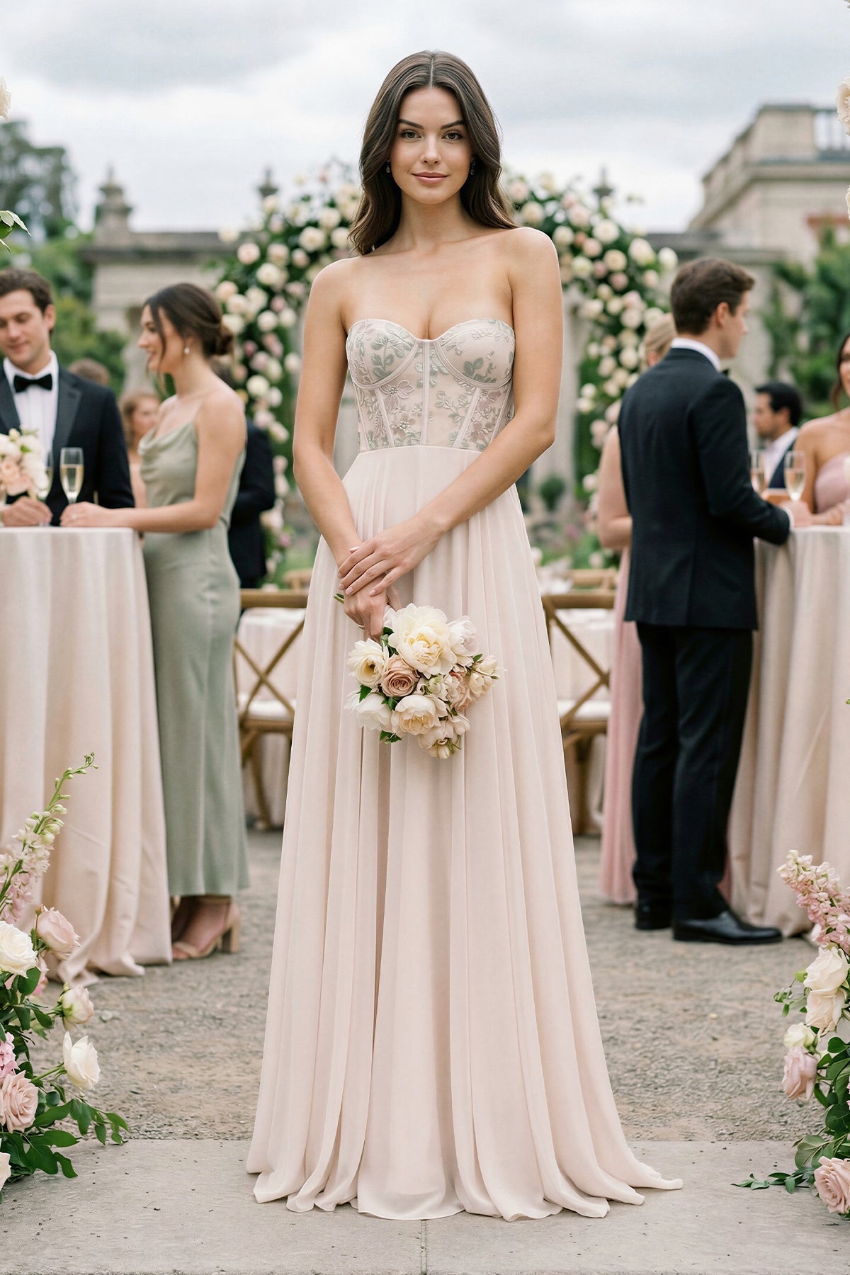 Robe demoiselle d’honneur pale blush longue sans manches à corset en mousseline - Harana