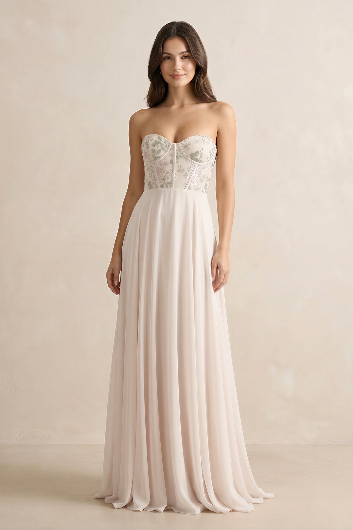 Robe demoiselle d’honneur pale blush longue sans manches à corset en mousseline - Harana