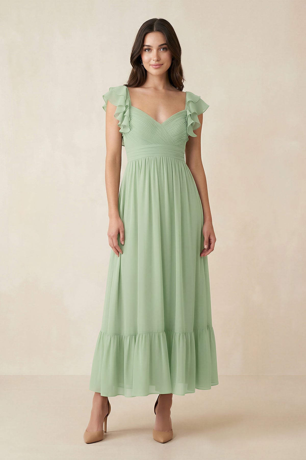 Robe demoiselle d’honneur vert sauge midi plissée effet drapé à volants - Harana