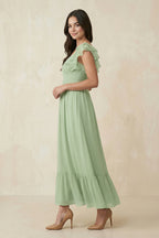 Robe demoiselle d’honneur vert sauge midi plissée effet drapé à volants - Harana