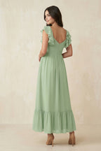 Robe demoiselle d’honneur vert sauge midi plissée effet drapé à volants - Harana
