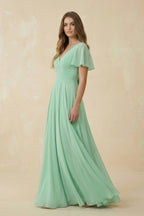 Robe demoiselle d’honneur pale pistachio longue col V manches courtes avec fente - Harana