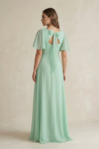 Robe demoiselle d’honneur pale pistachio longue col V froncée à volants - Harana